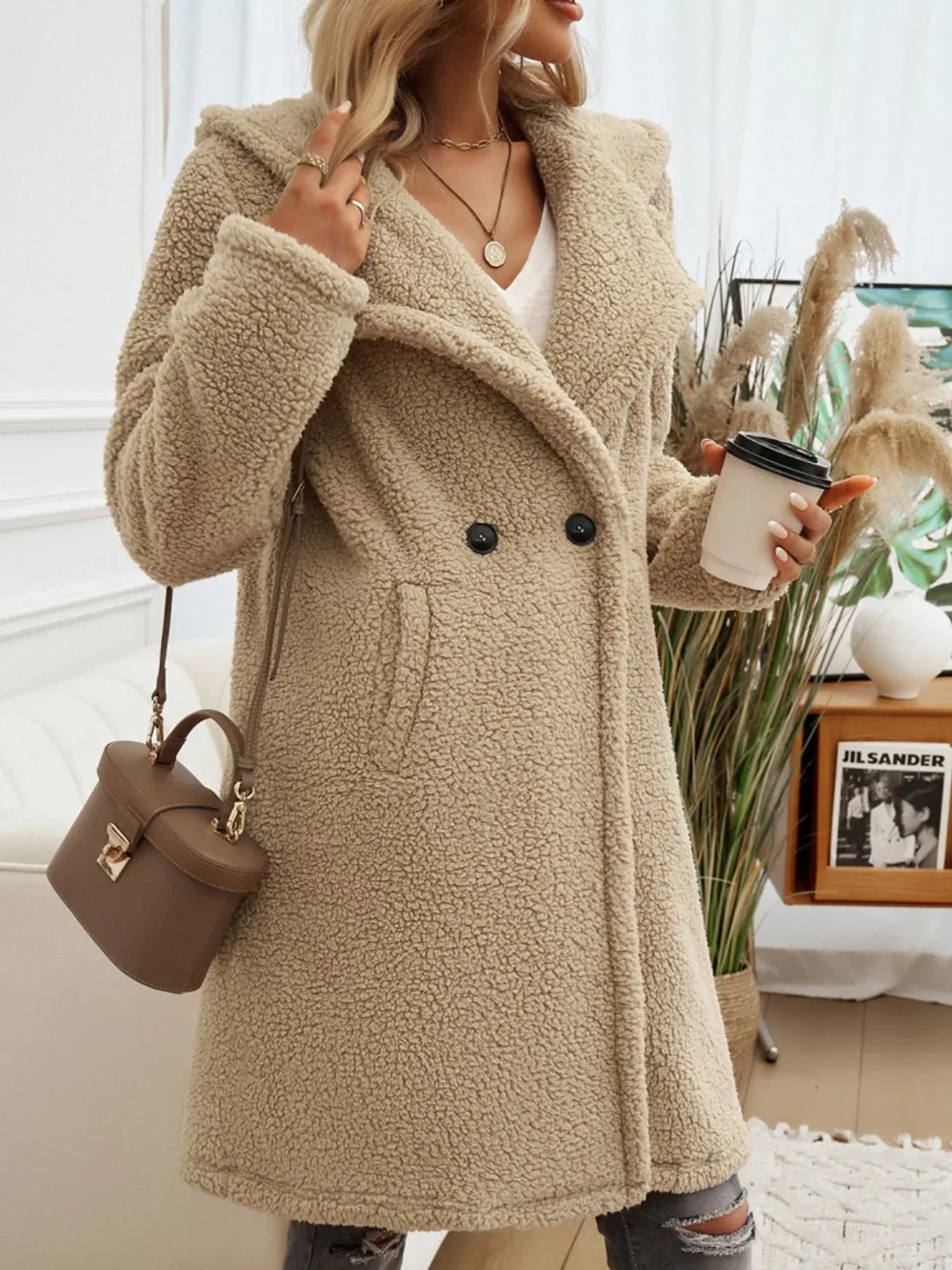 Pocketed Long Sleeve Hooded Teddy Coat, image 6