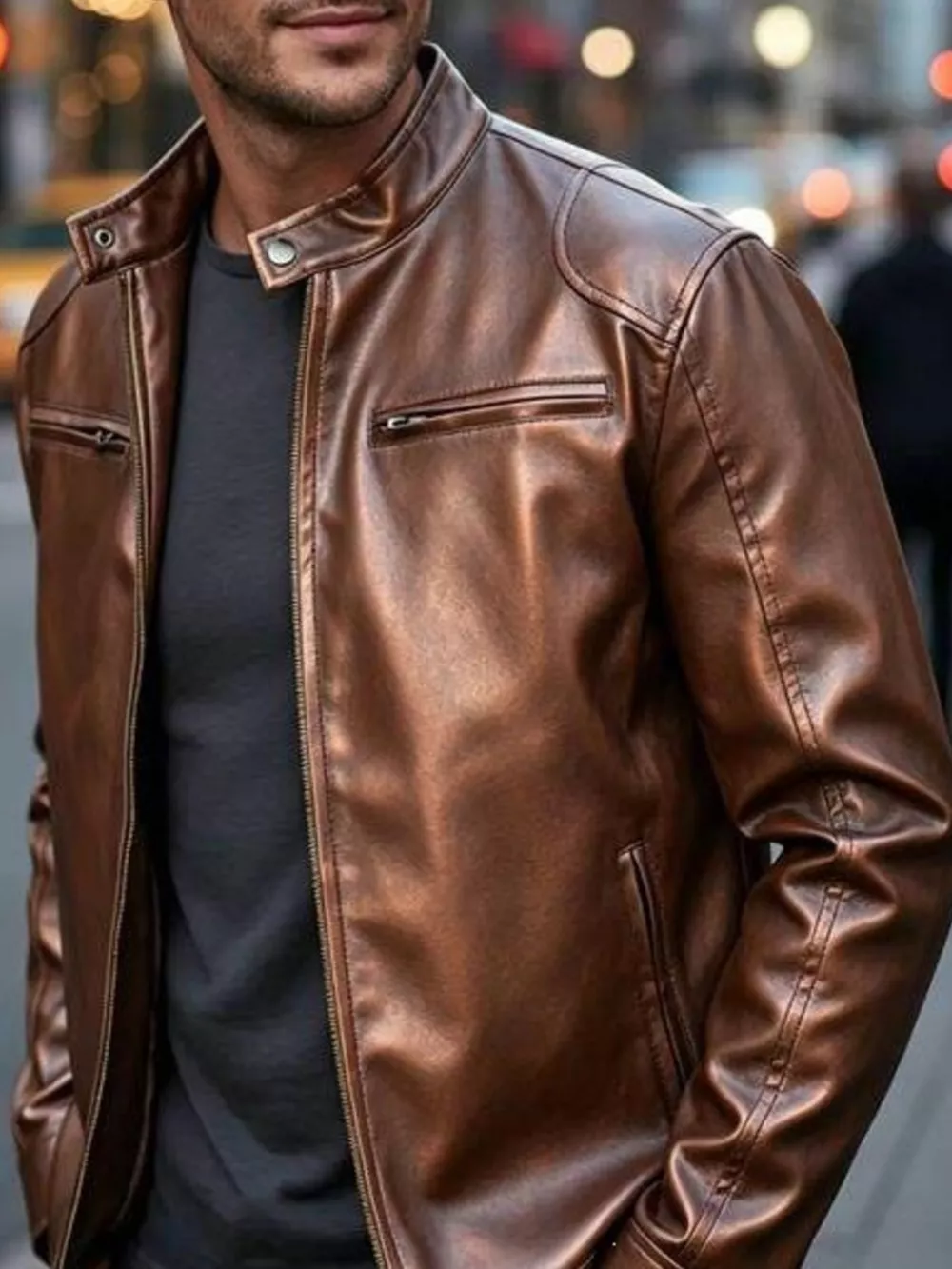 Men's Full Size Faux Leather Bomber Jacket with Zipper Pockets Plus Size, image 5