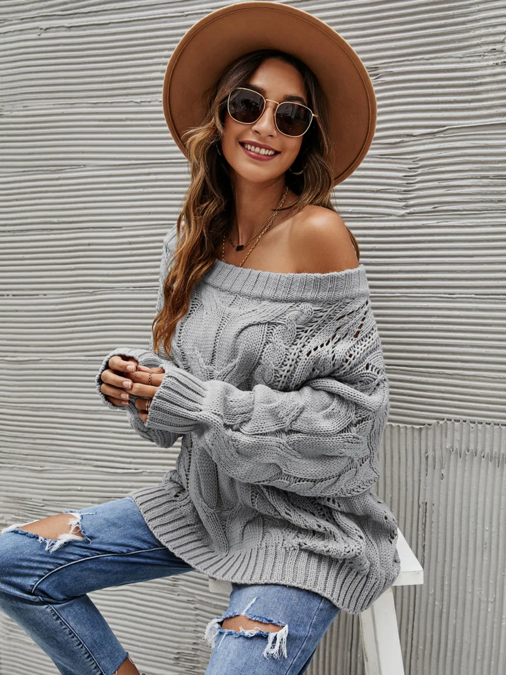 Cable Knit Openwork Off-Shoulder Sweater, image 2