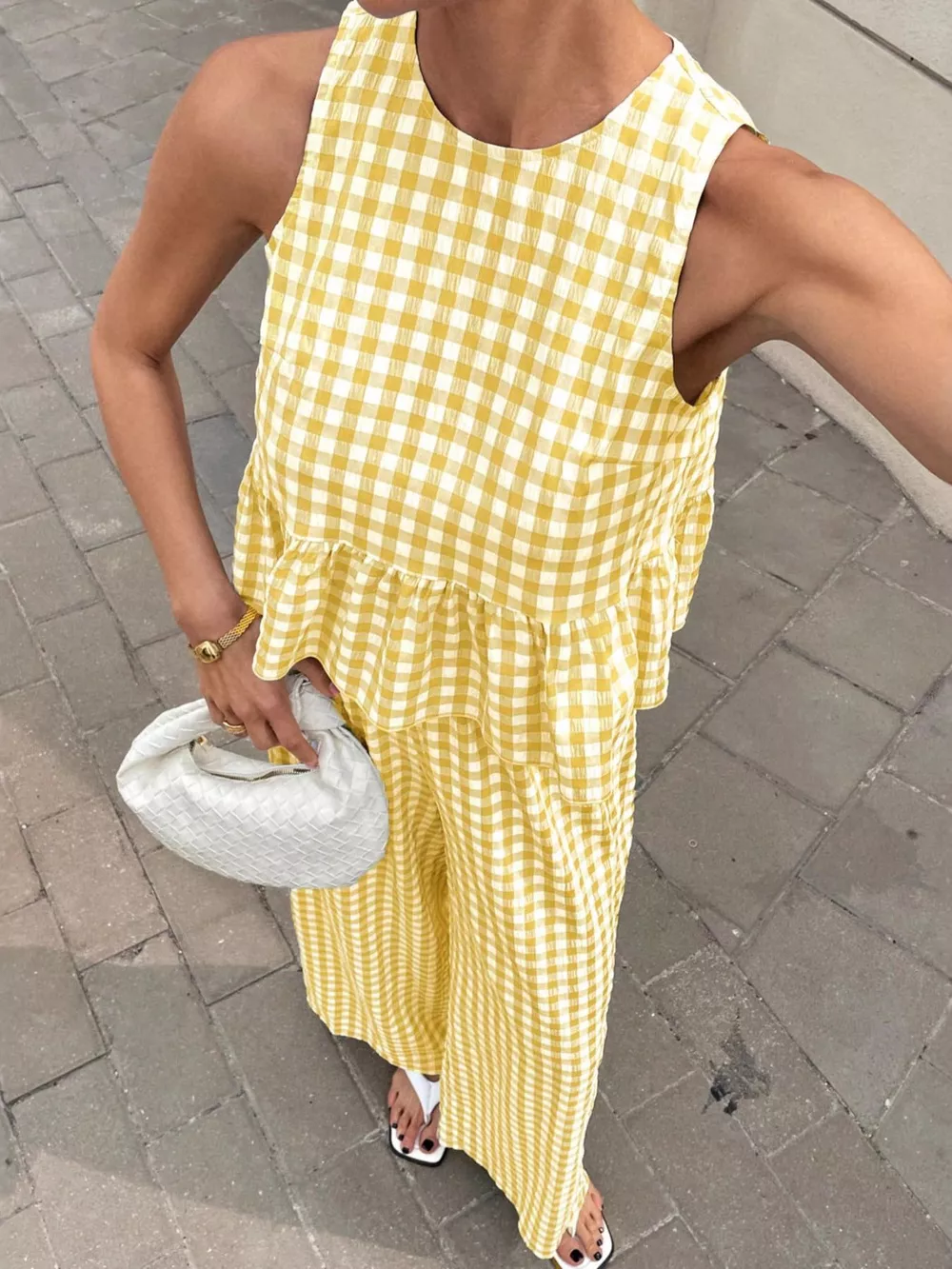 Gingham Sleeveless Top and Wide-Leg Pants Set, image 2