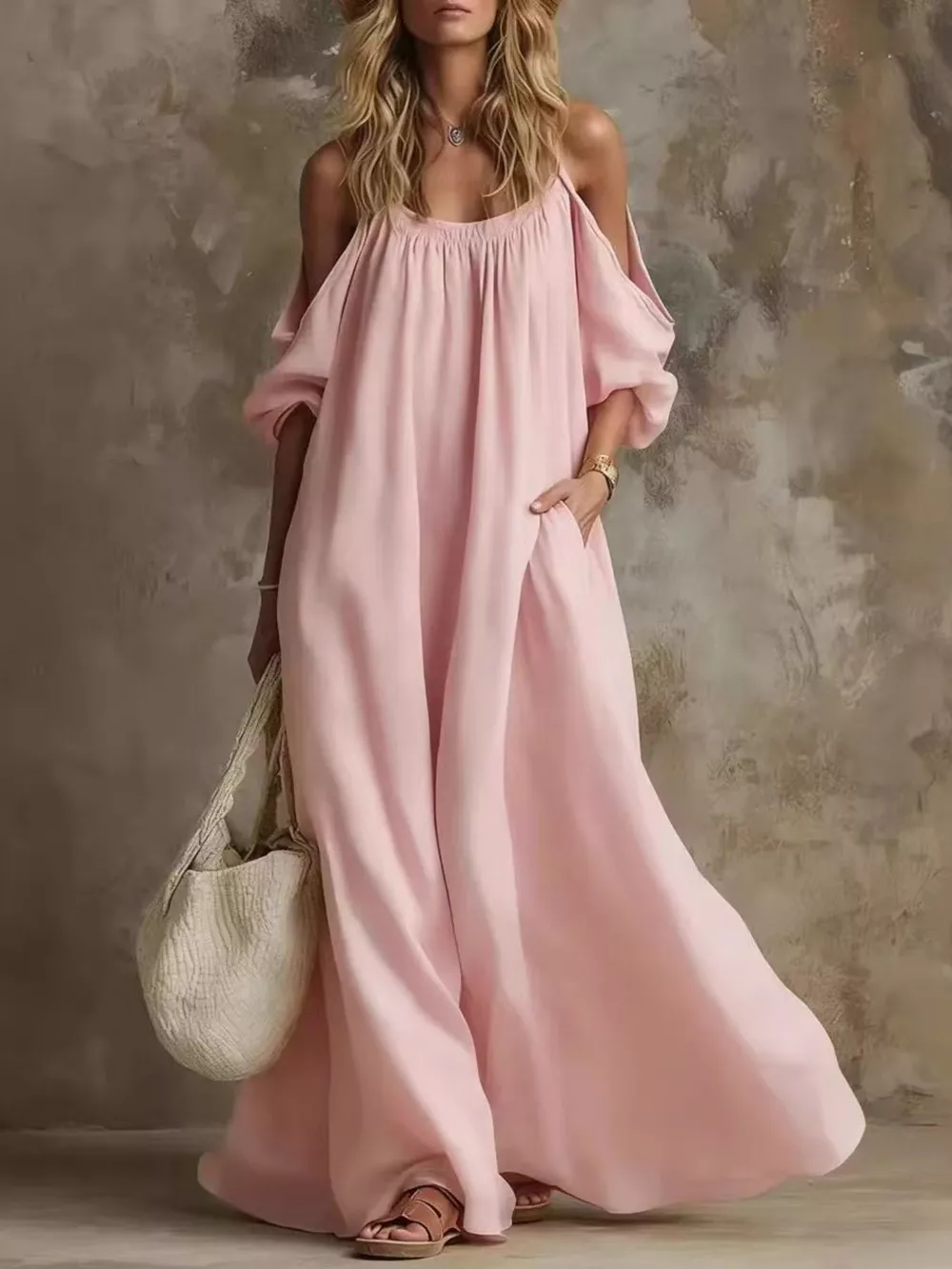 Full Size Cold-Shoulder Linen Maxi Dress Plus Size, image 7