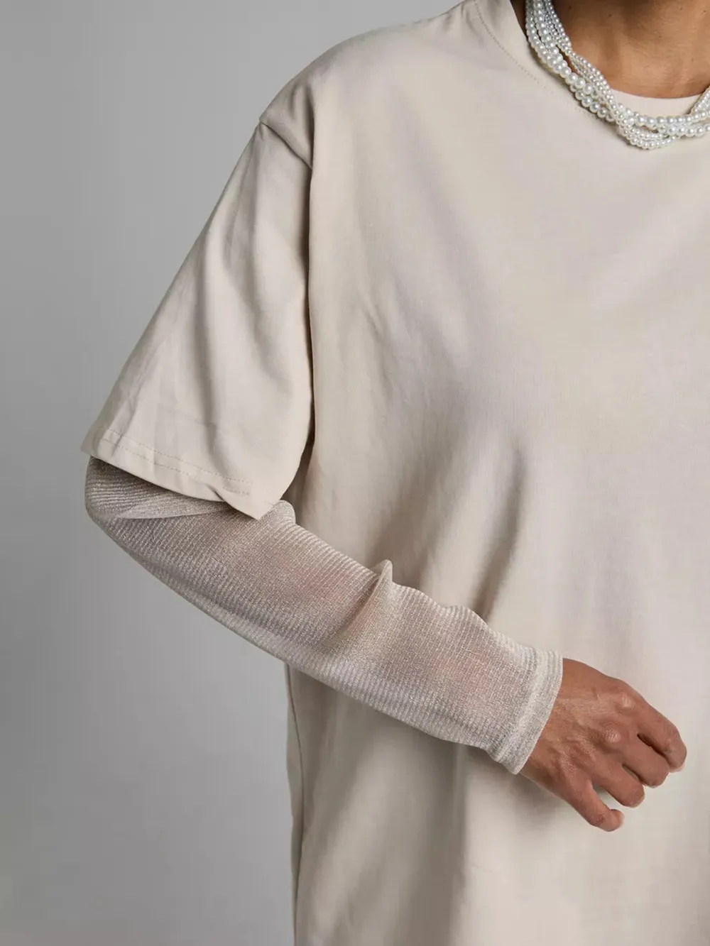 Faux Layered Round Neck Mesh Sleeve Top, image 11