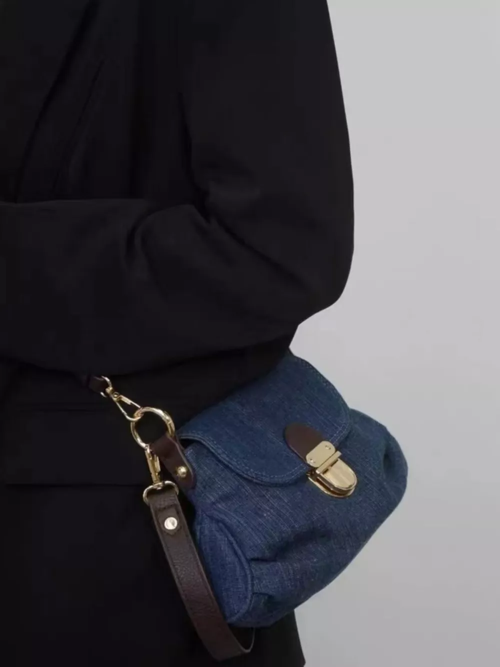 Denim Flap Shoulder Bag with Golden Clasp, image 2