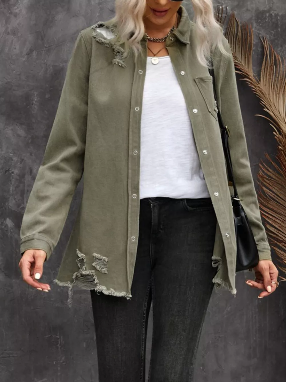 Raw Hem Distressed Denim Shirt Jacket, image 3