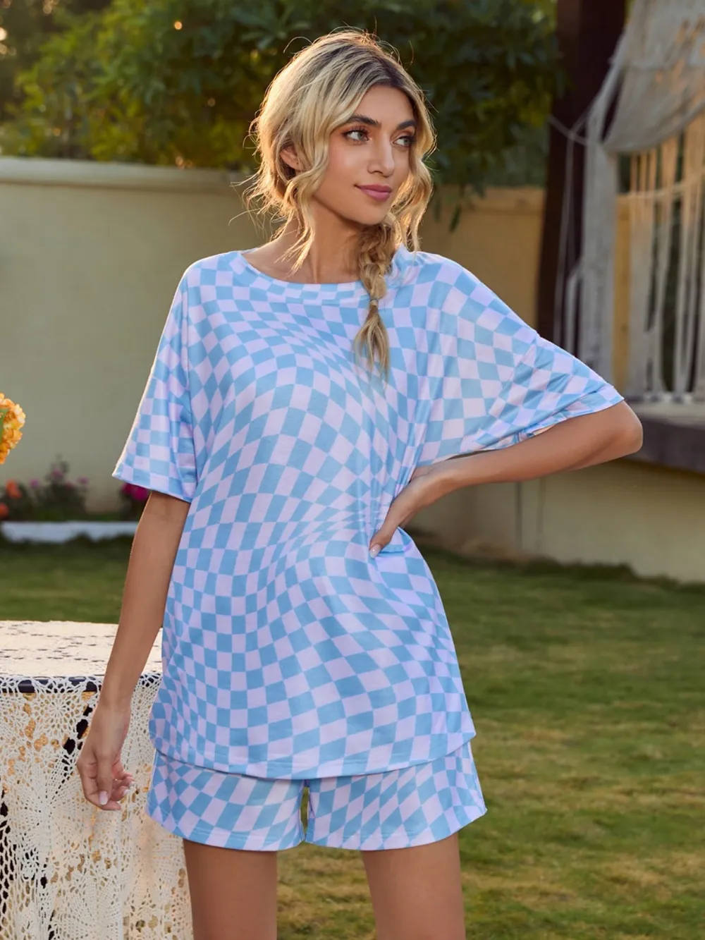 Plaid Round Neck Top and Shorts Lounge Set, image 4
