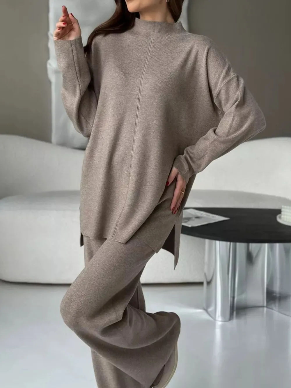 Slit Mock Neck Top and Pants Sweater Set, image 7
