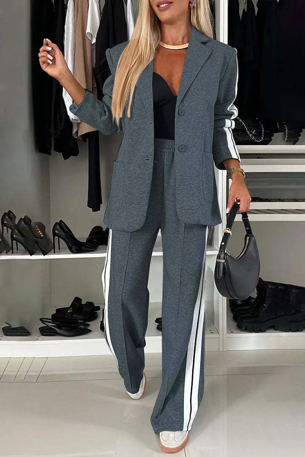 Full Size Contrast Lapel Collar Top and Pants Set, image 2