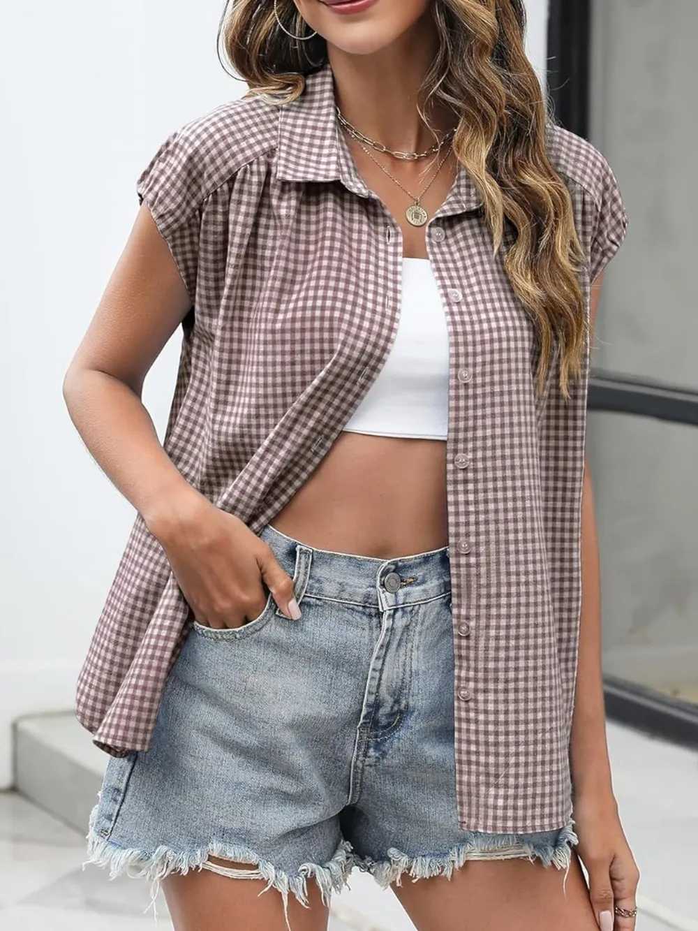 Plaid Button Up Cap Sleeve Shirt, image 7