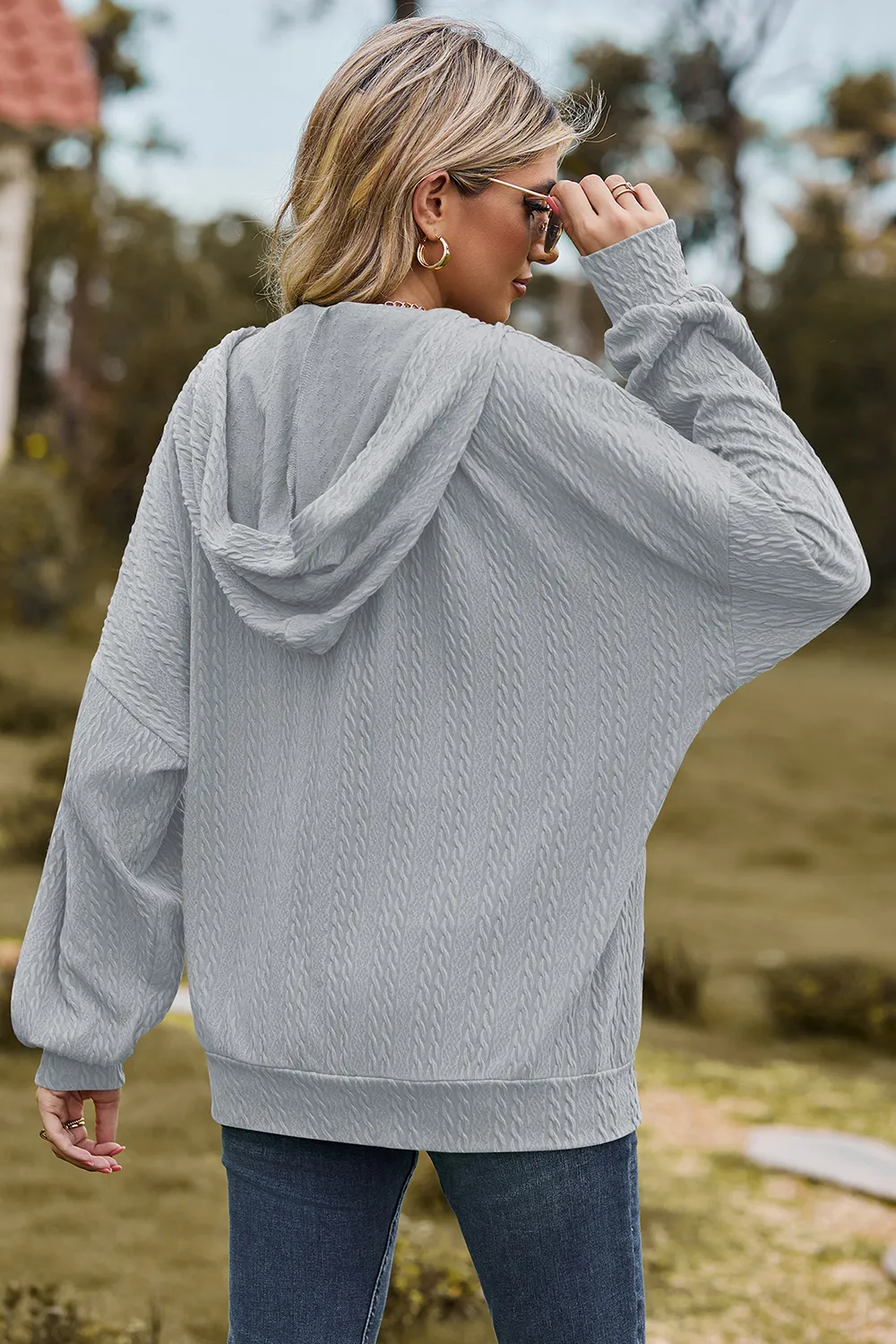 Drawstring Zip Up Dropped Shoulder Hoodie, image 13