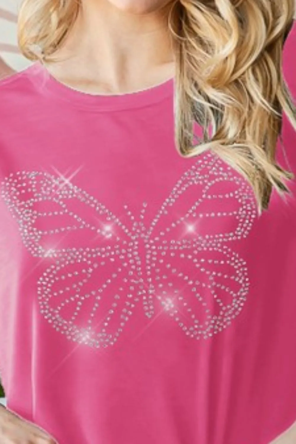 Full Size Rhinestone Butterfly Round Neck Short Sleeve T-Shirt Plus Size, image 2