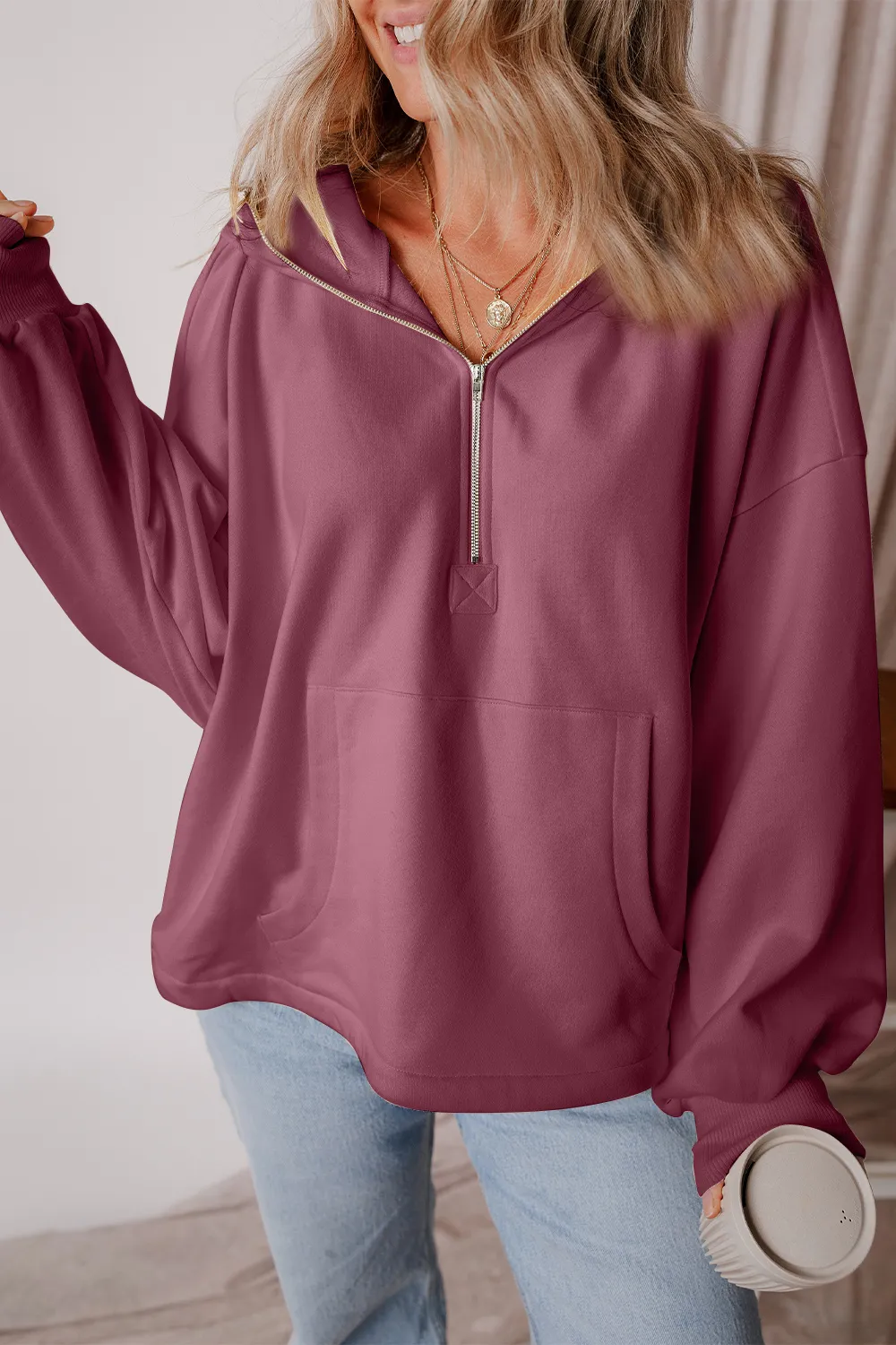 Pocketed Half Zip Dropped Shoulder Hoodie, image 3