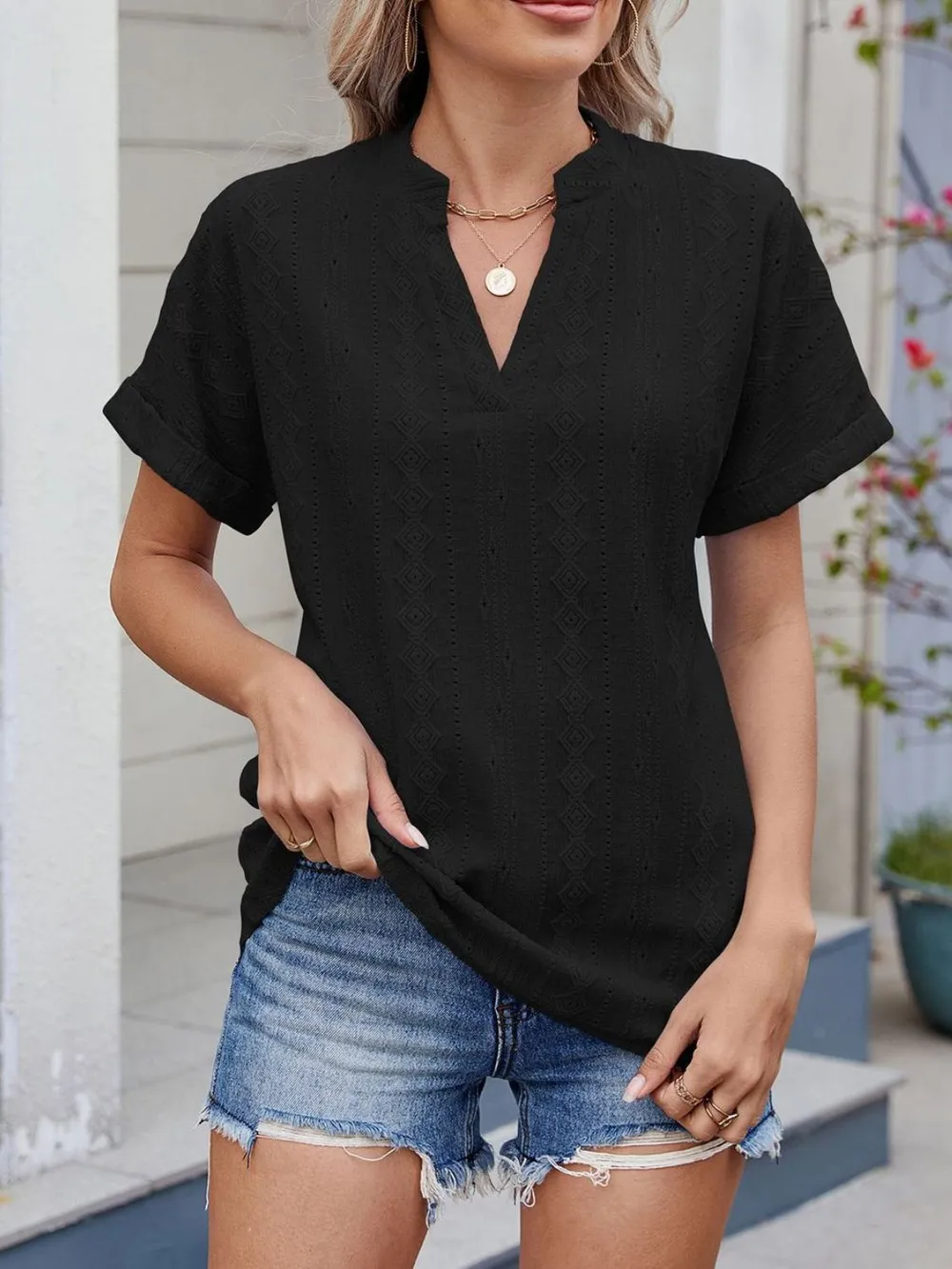 Eyelet Notched Short Sleeve Top, image 2