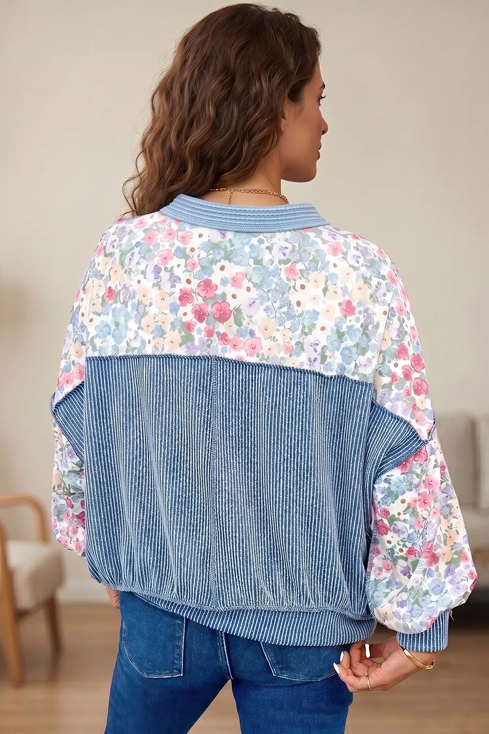 Multicolour Floral Print Round Neck Long Sleeve Shift Top, image 3