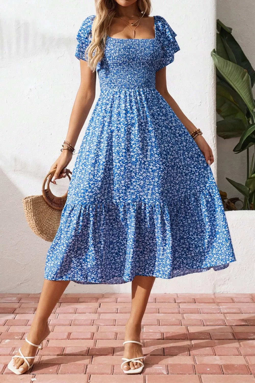 Ditsy Floral Print Smocked Square Neck Ruffle Short Sleeve Dress, image 3