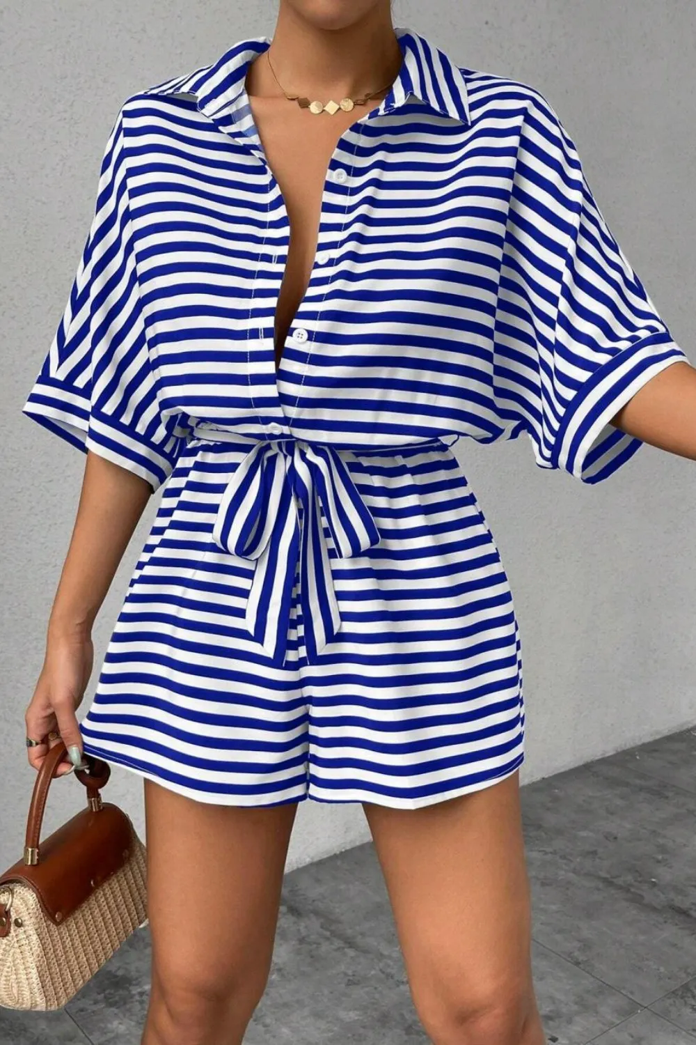 Striped Collared Neck Tie Waist Romper, image 3