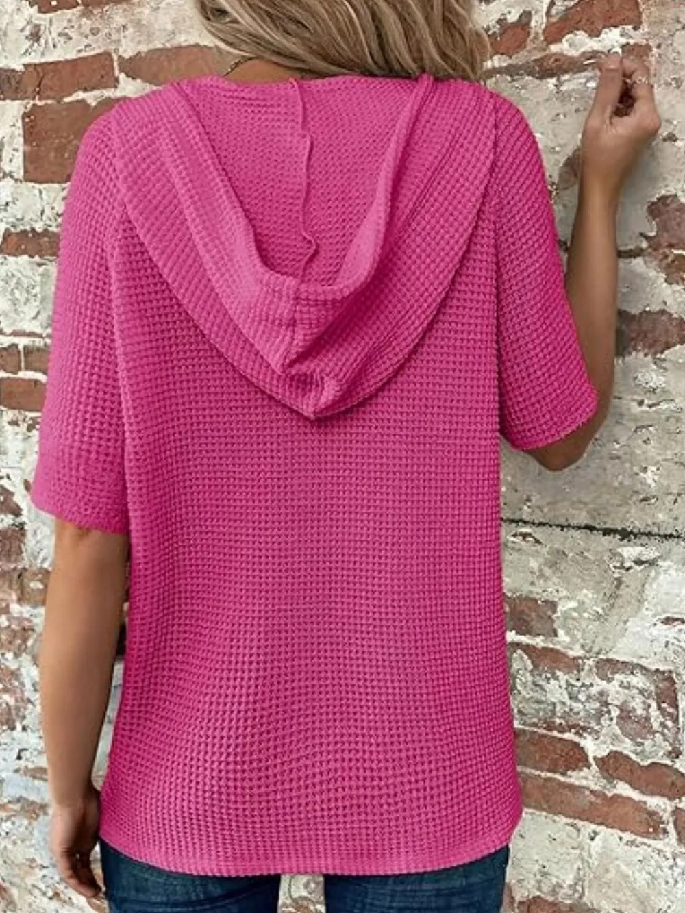 Drawstring Waffle-Knit Short Sleeve Hooded Top, image 21