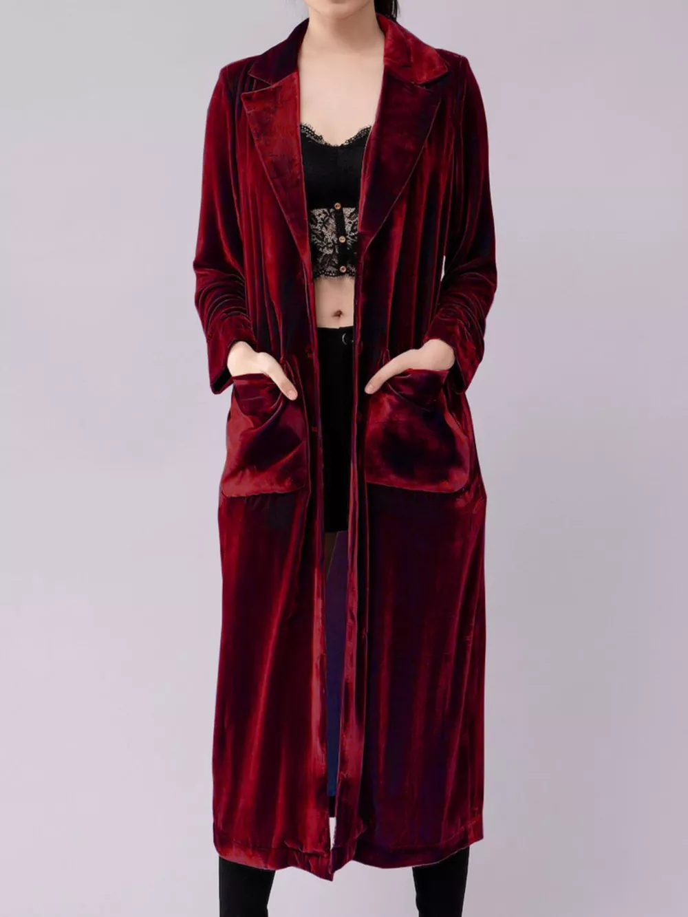 Velvet Lapel Collar Longline Coat, image 12
