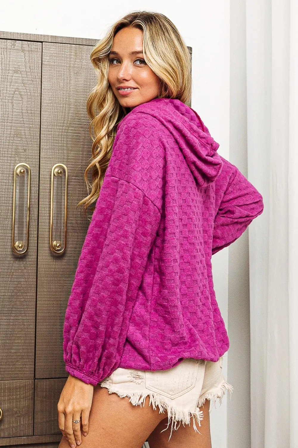 Brushed Checker Drawstring Long Sleeve Hoodie, image 2