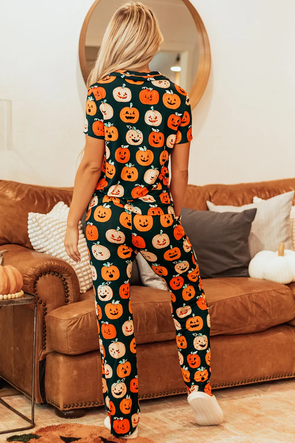Pumpkin Printed Short Sleeve Top and Pants Lounge Set, image 2