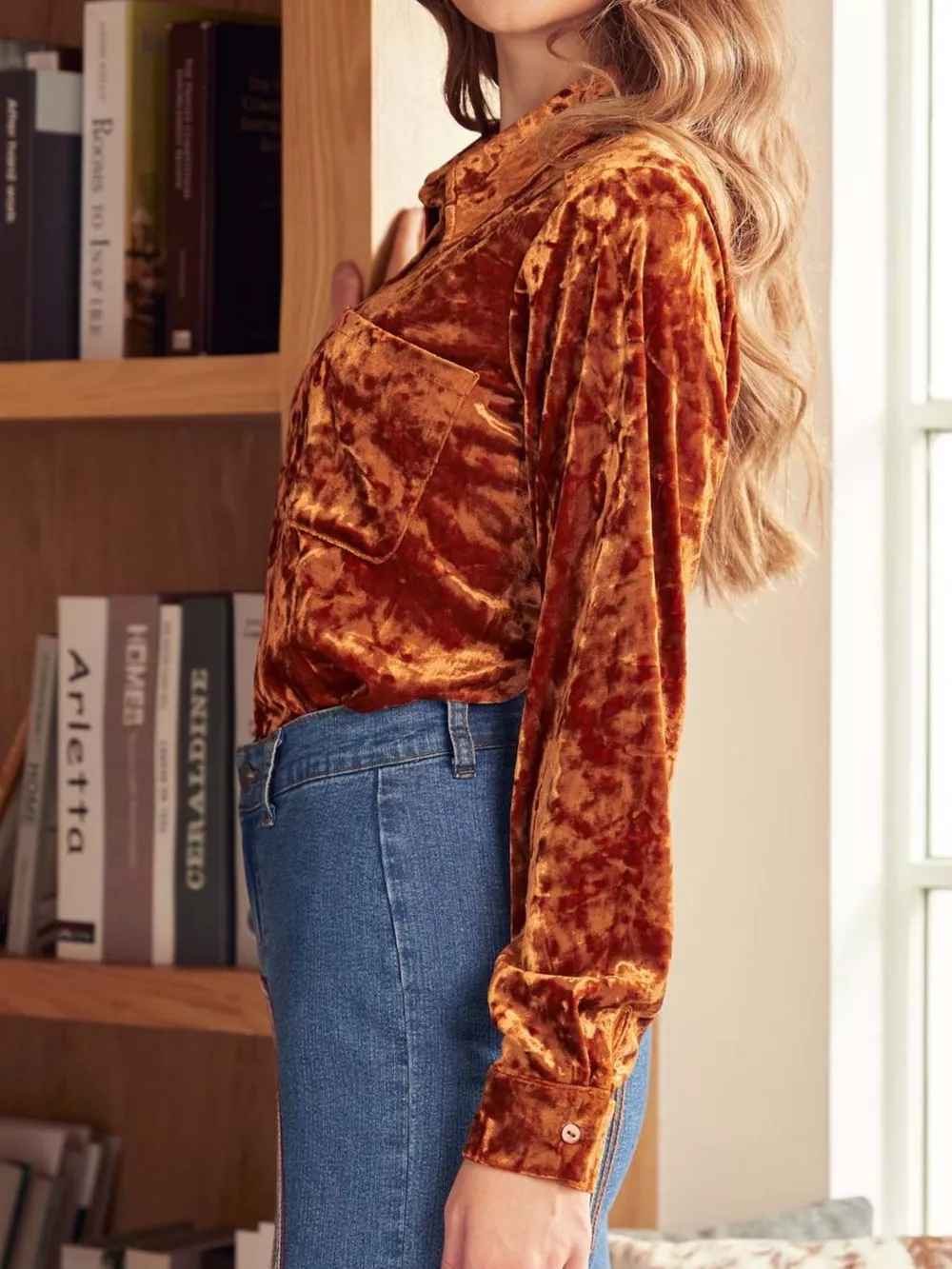 Velvet Button-Down Long Sleeve Shirt, image 8
