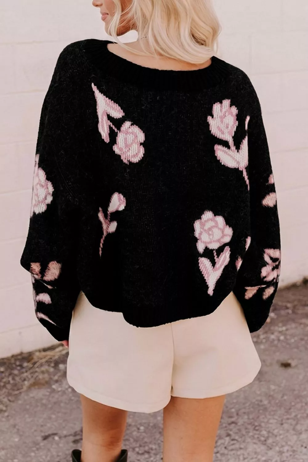 Floral Pattern Puff Sleeve Dropped Shoulder Pullover Sweater, image 4