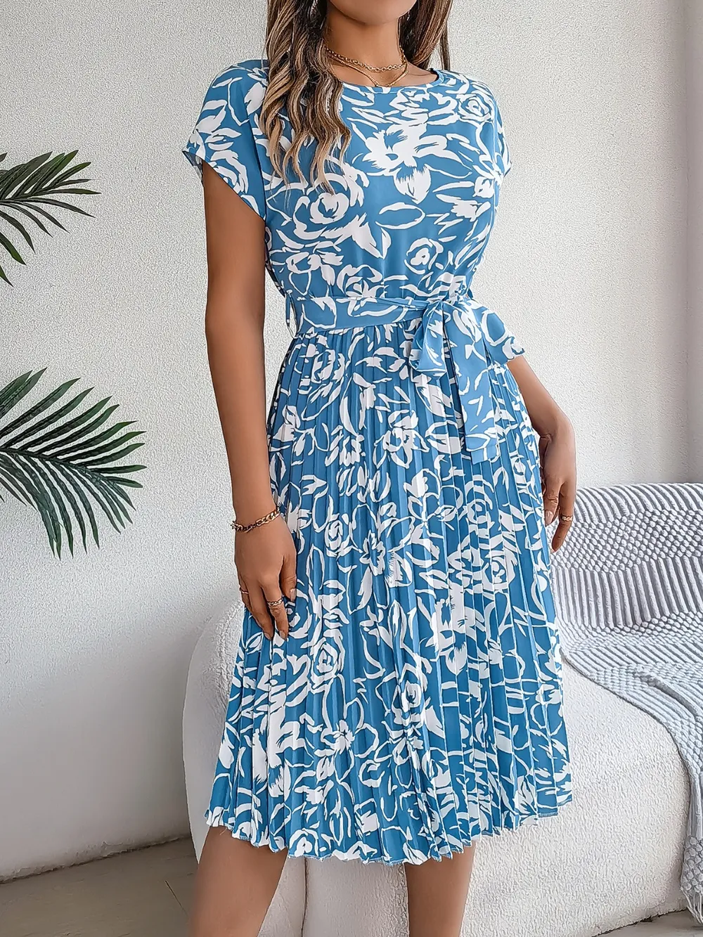 Tied Pleated Printed Short Sleeve Dress, image 11