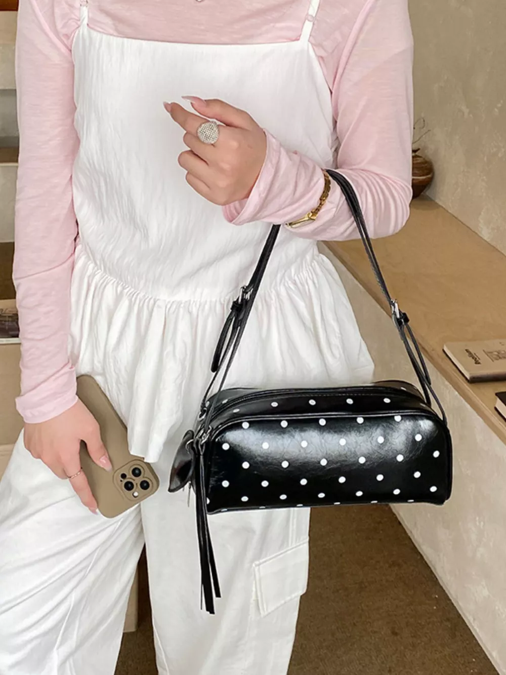 Polka Dot Leather Shoulder Bag, image 6