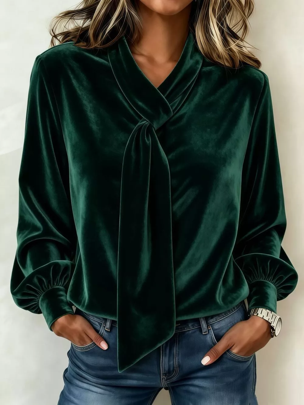 Full Size Velvet Tie-Neck Long Sleeve Top Plus Size, image 6