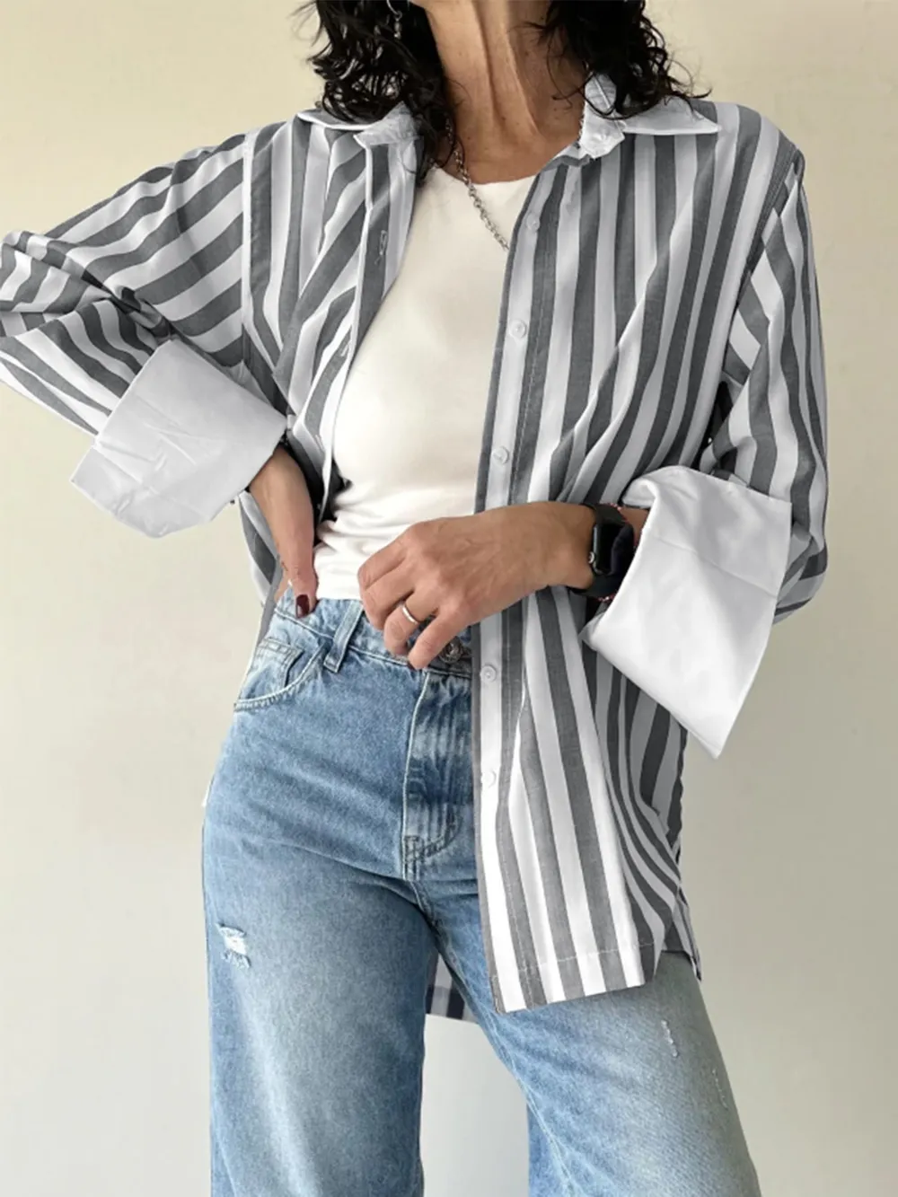 Striped Collared Neck Long Sleeve Shirt, image 2