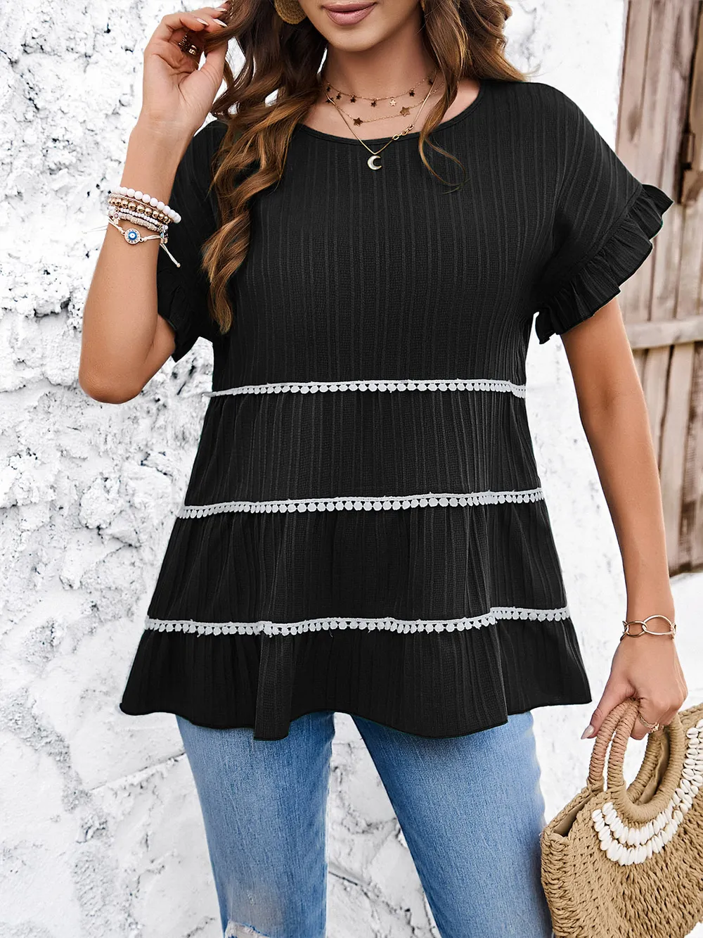 Round Neck Flounce Sleeve Blouse, image 6