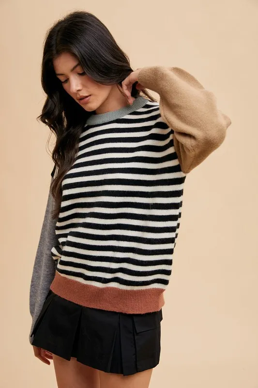 Striped Color Block Round Neck Sweater, image 4
