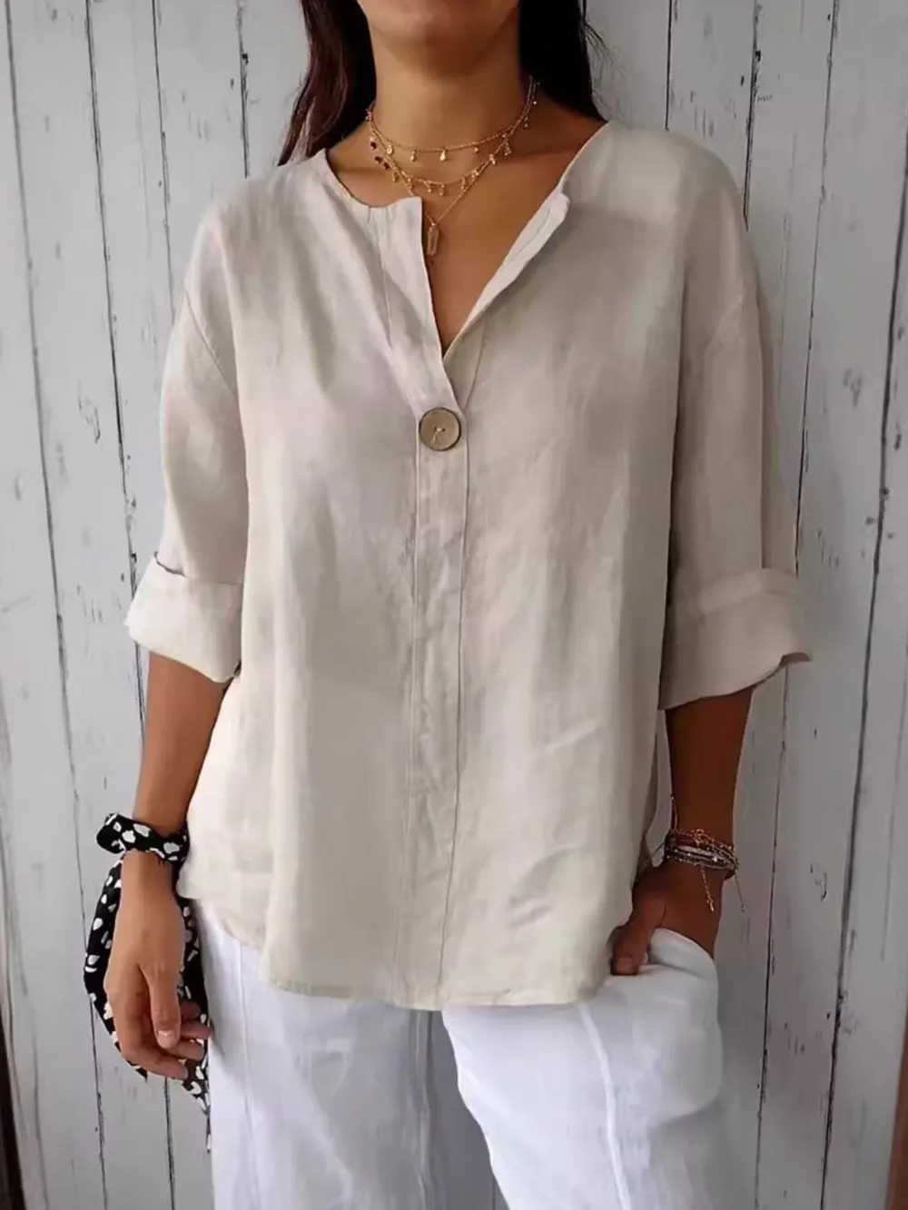 Full Size Linen Blend Notched Blouse Plus Size