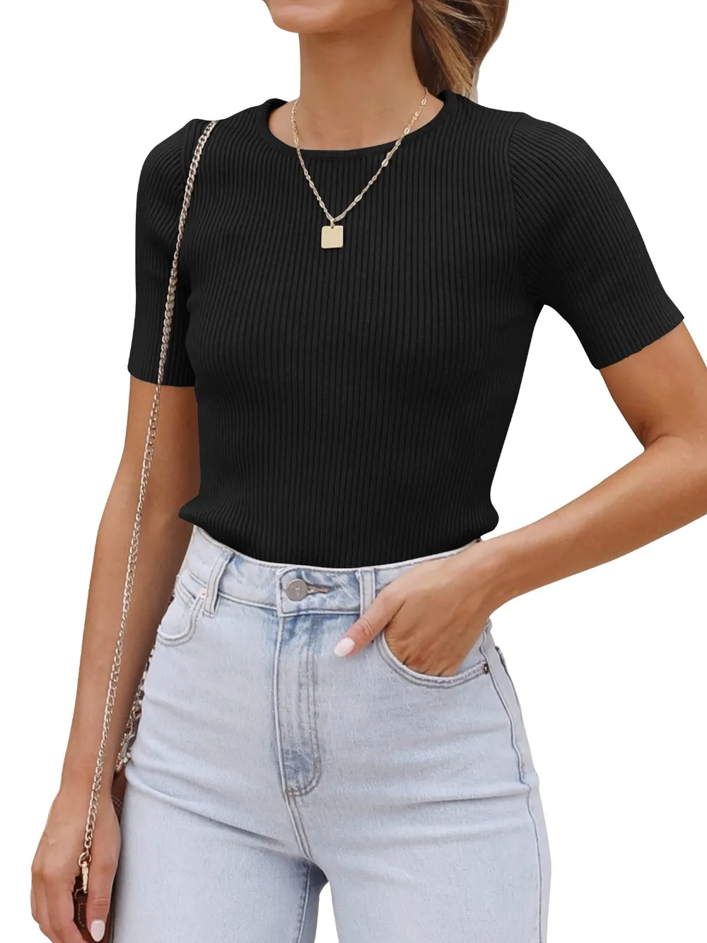 Round Neck Short Sleeve Knit Top, image 6
