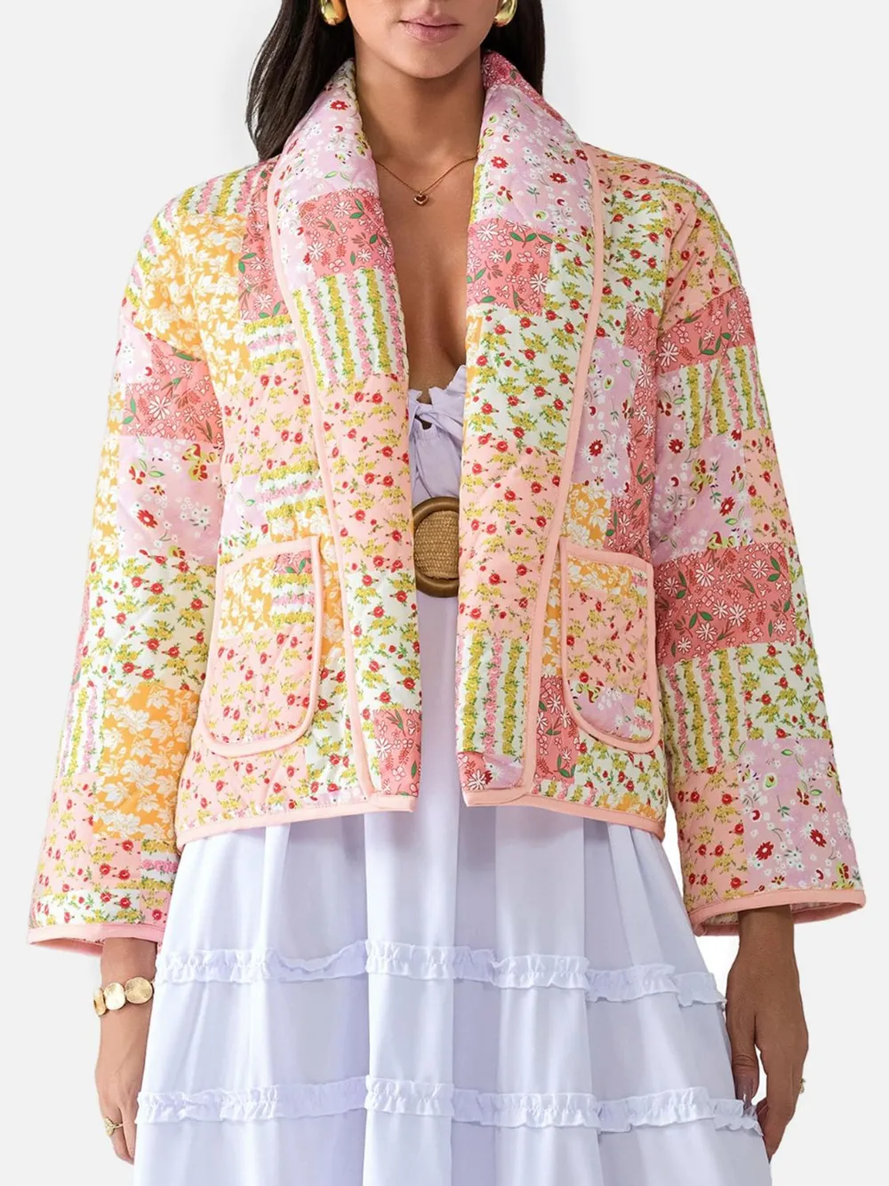 Printed Patchwork Open Front Cardigan with Pockets, image 7