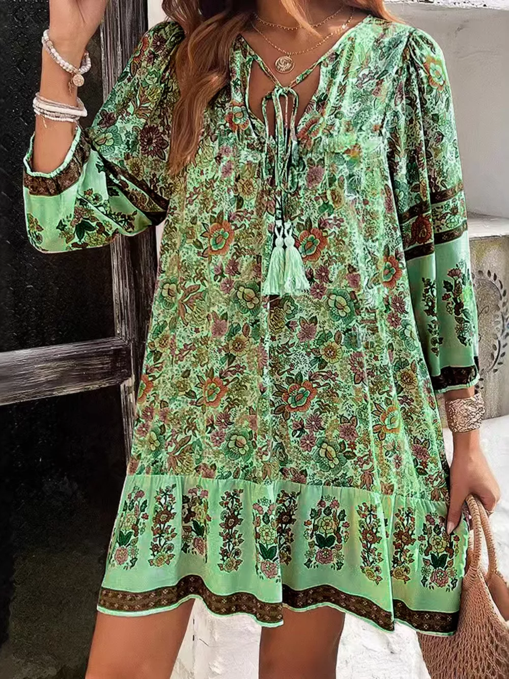 Floral Print Tassel Tie Neck Mini Dress, image 11