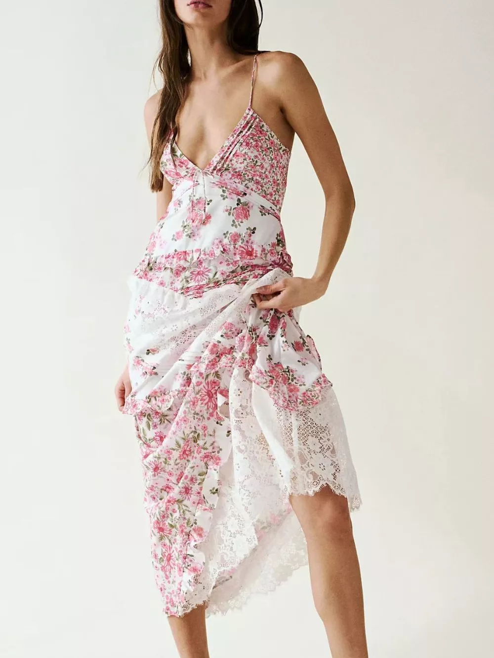 Lace Floral Print Ruffle Trim Maxi Dress, image 12