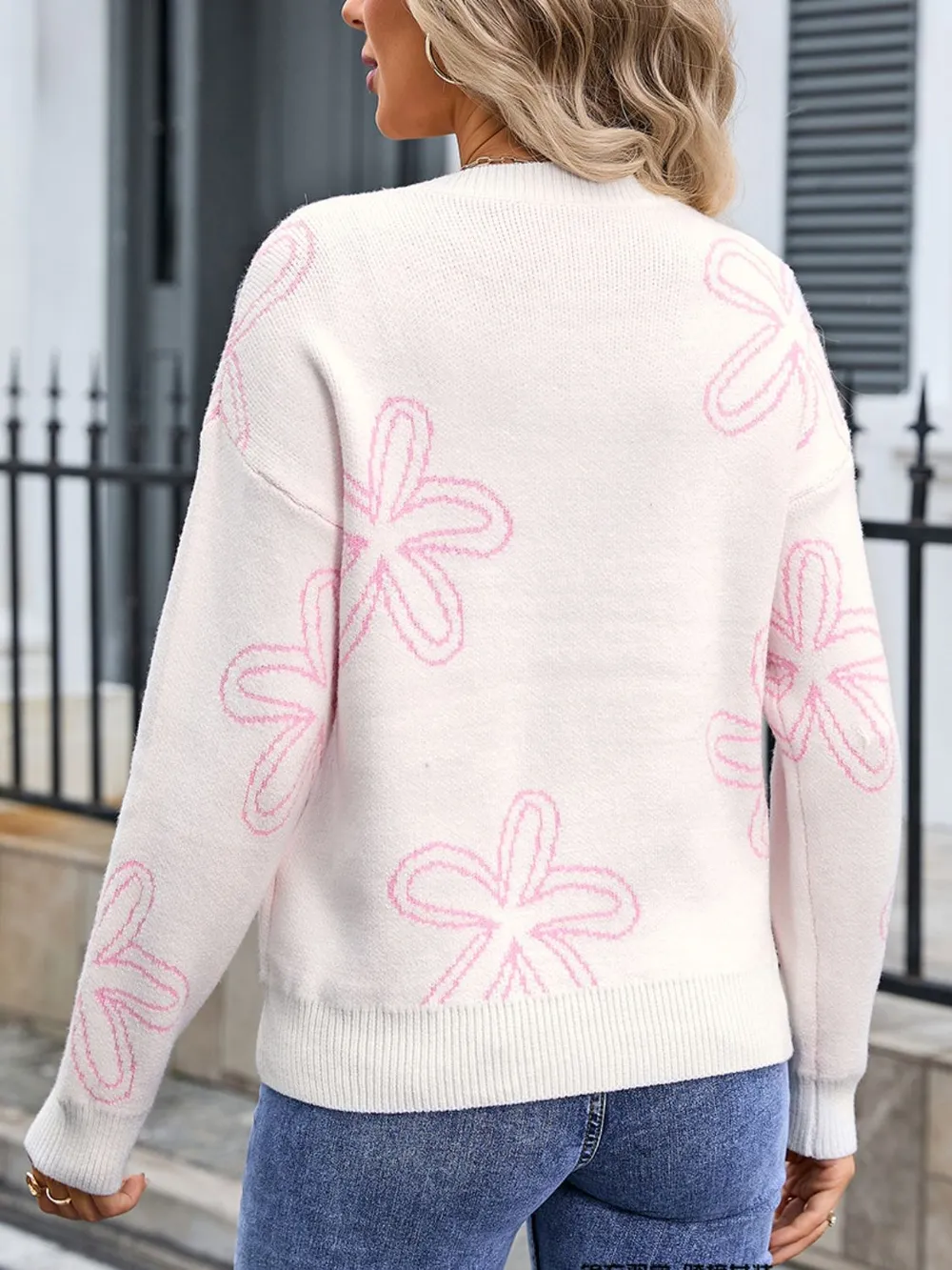 Flower Round Neck Dropped Shoulder Sweater, image 3