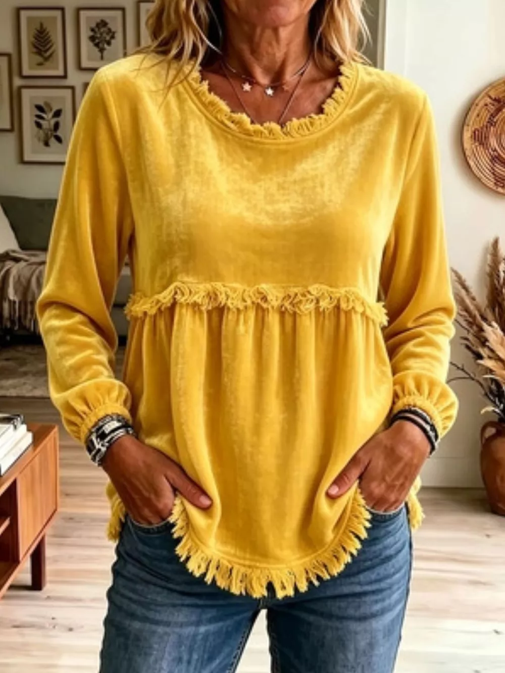 Fringed Hem Long Sleeve T-Shirt, image 4