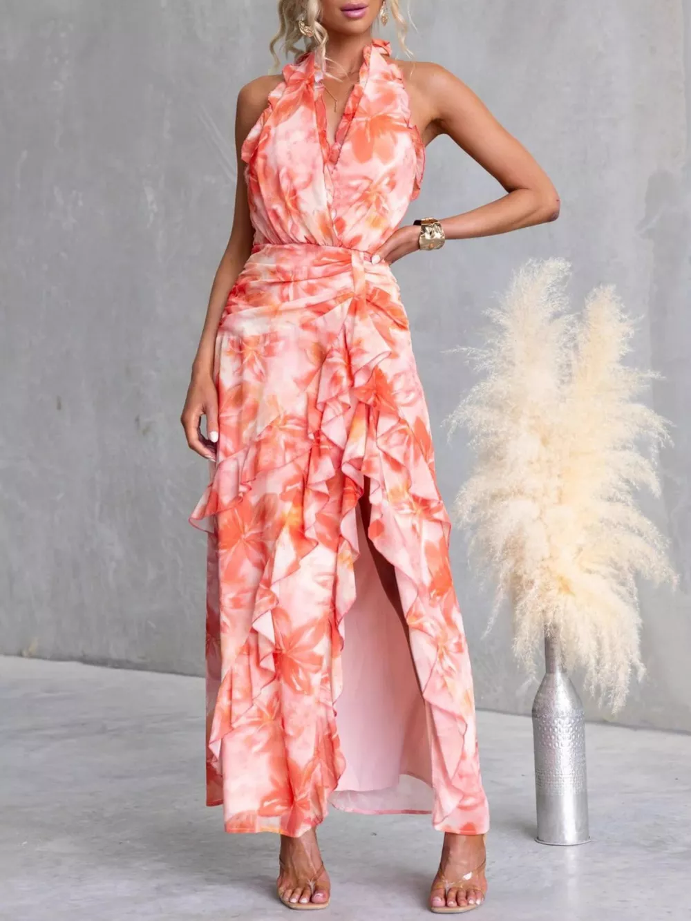 Floral Print Ruffle Halter Neck Maxi Dress, image 2