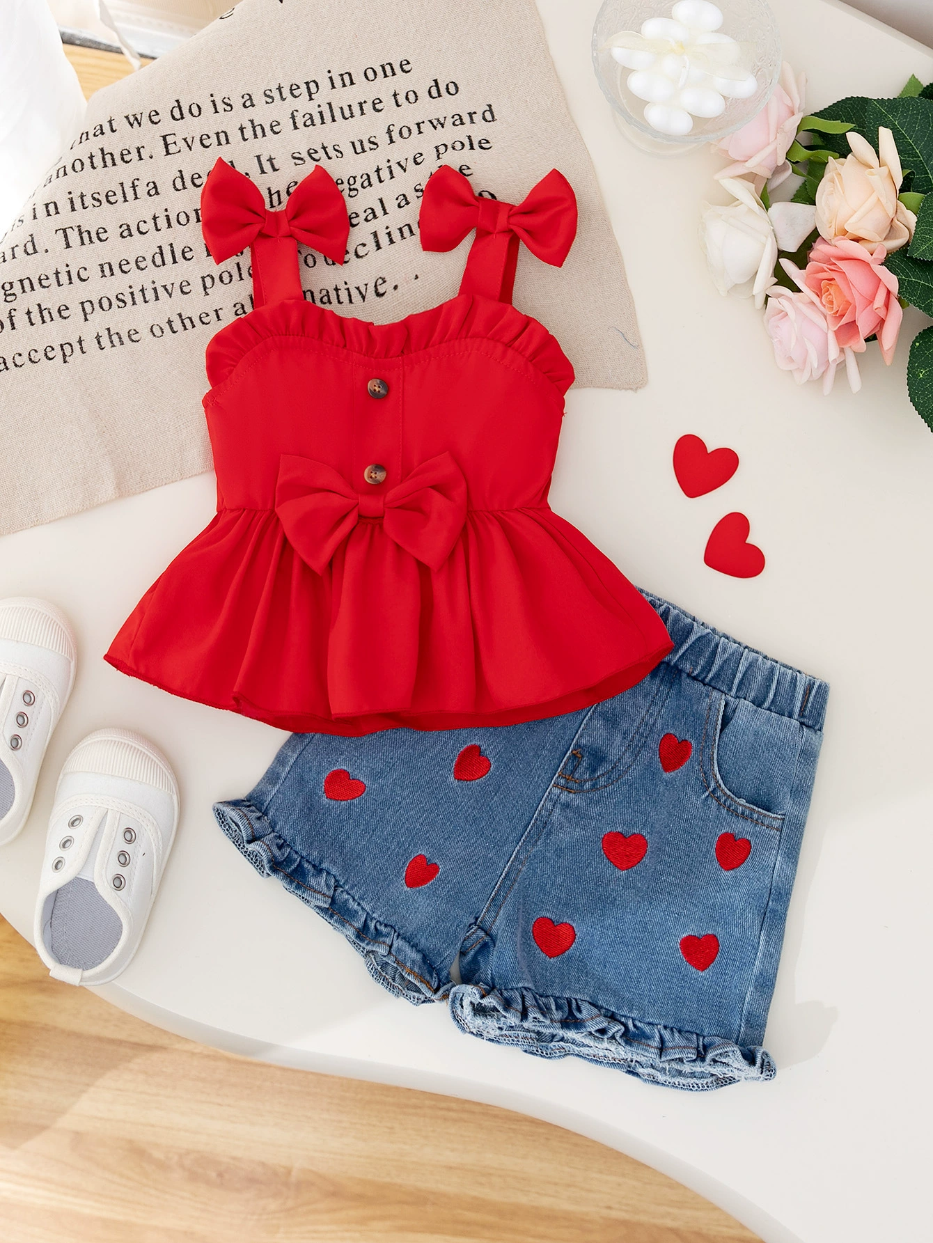 Children's Bowknot Top & Heart Denim Shorts Set, image 2