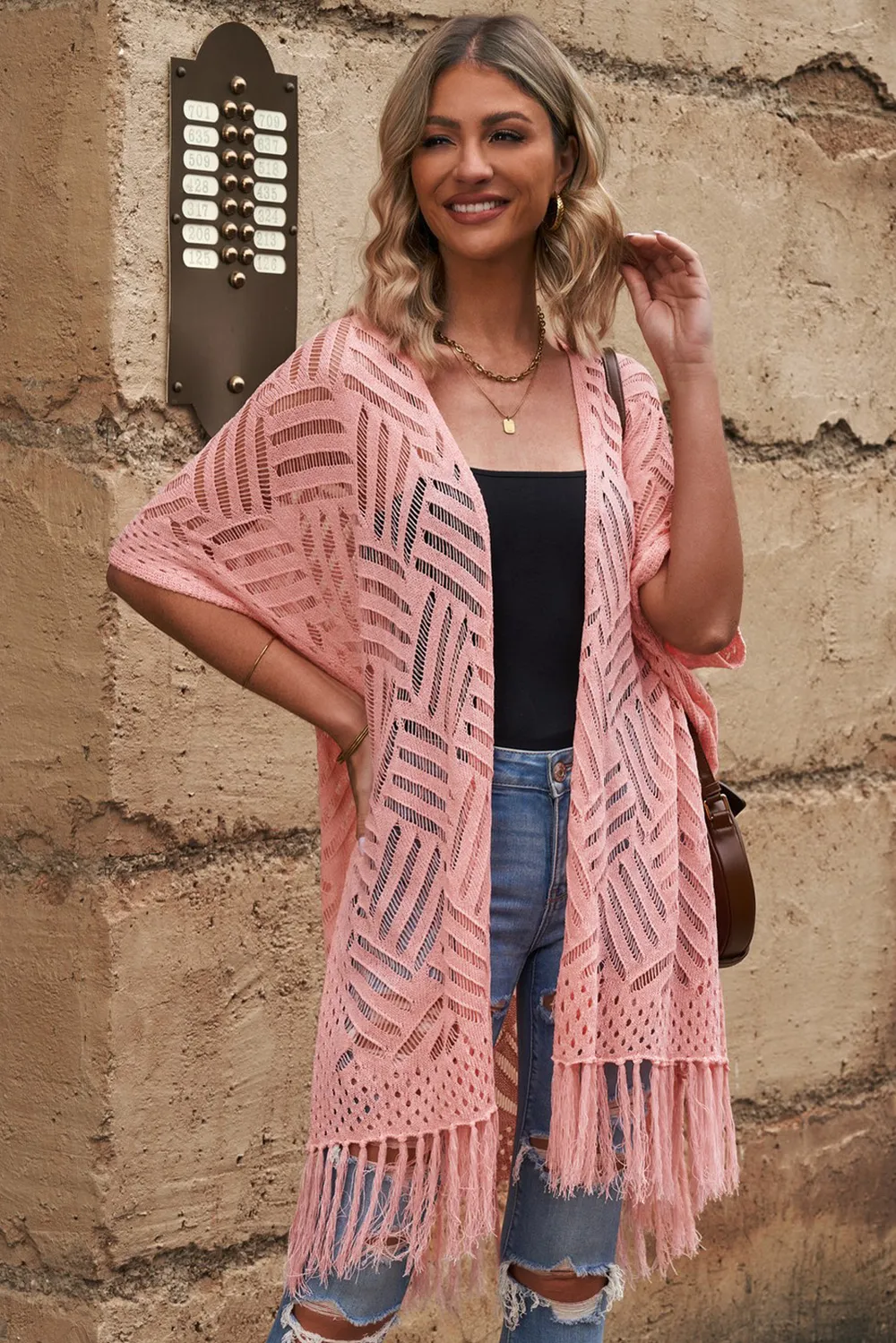 Openwork Open Front Cardigan with Fringes, image 4