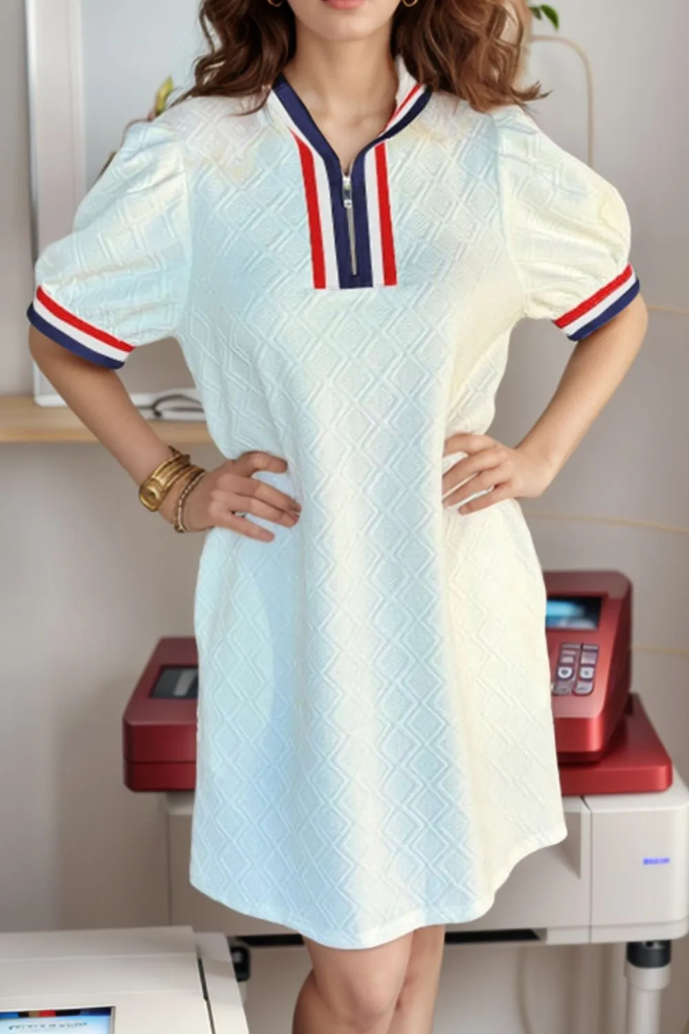 Striped Collared Zip Up Textured Dress, image 2