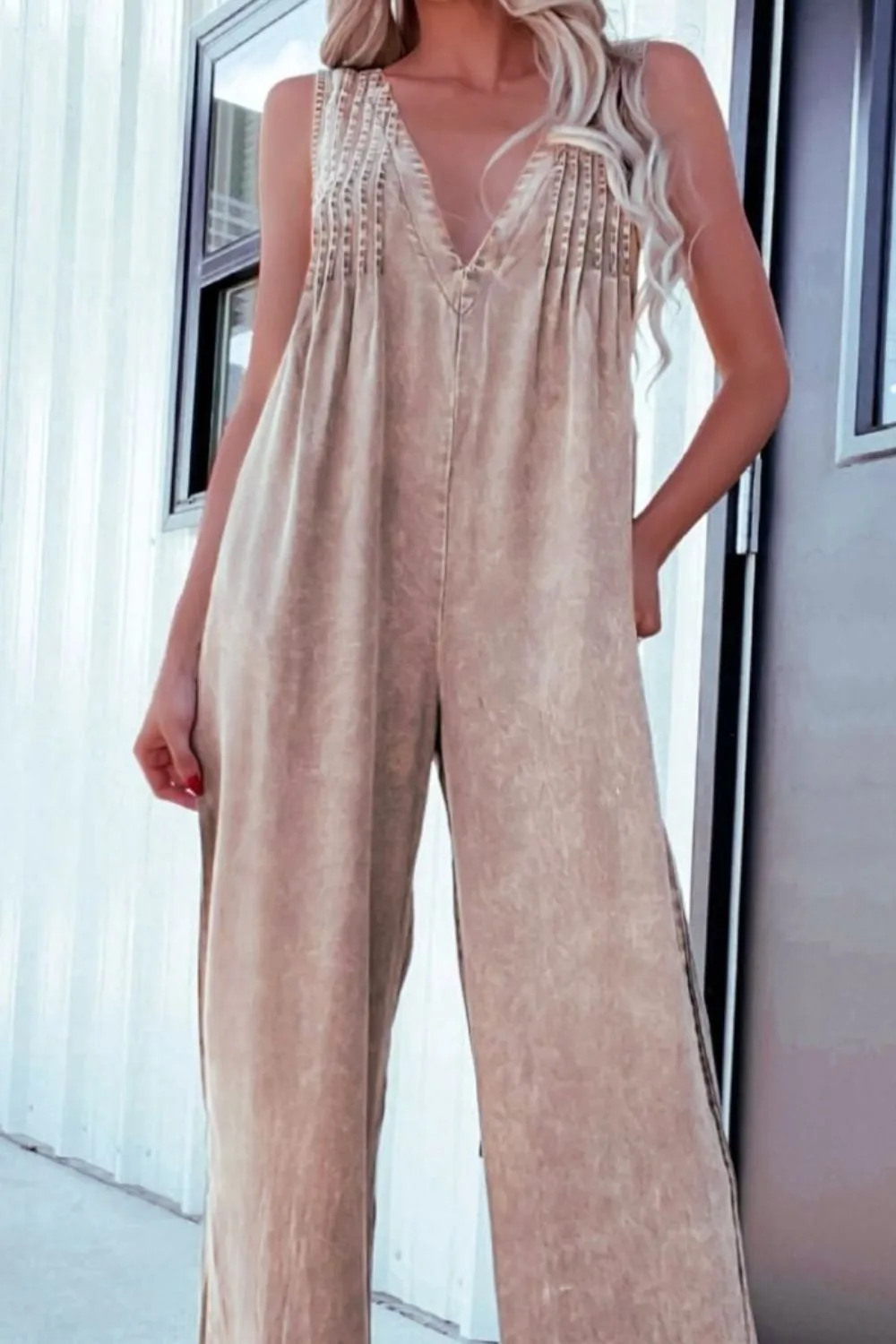 V-Neck Wide Leg Denim Jumpsuit, image 2