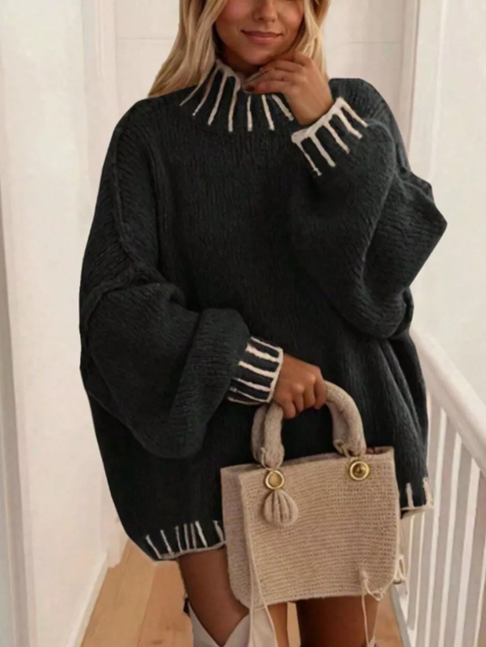 Contrast Trim Chunky Knit Sweater, image 2