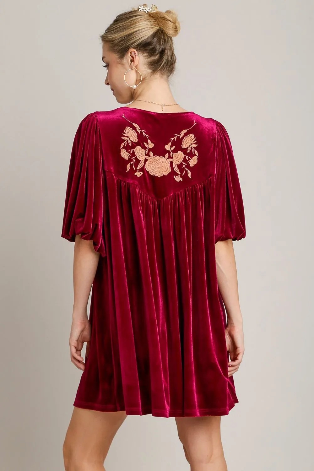 Embroidered Half Sleeve Velvet Mini Dress with Tassel, image 2