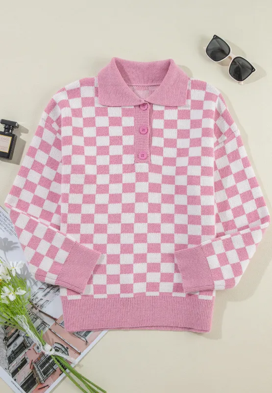 Checkered Collared Neck Long Sleeve Sweater, image 7