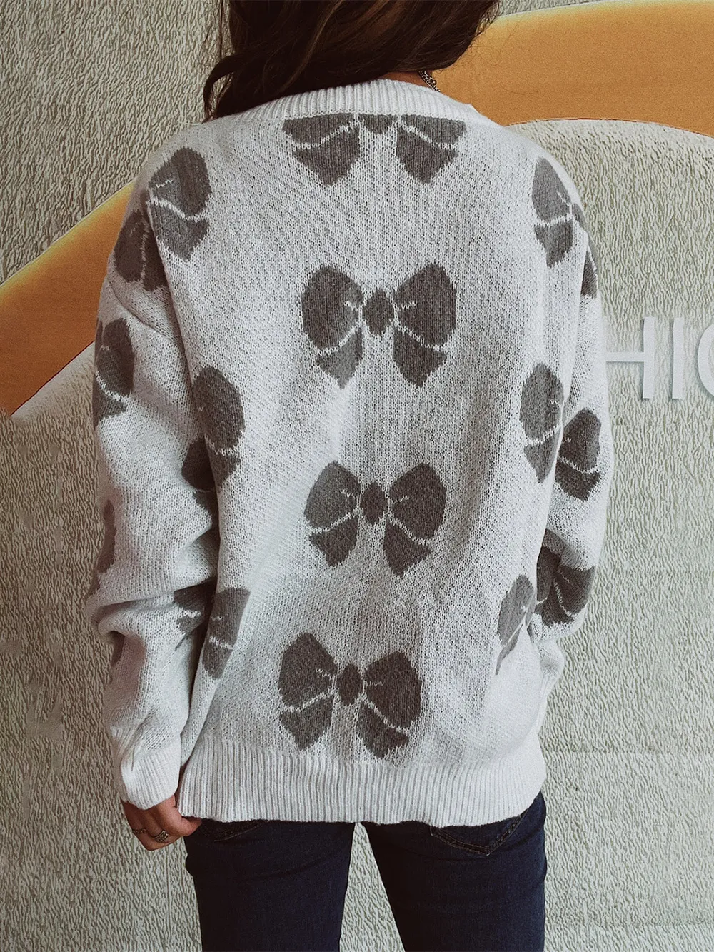 Bow Round Neck Dropped Shoulder Sweater, image 8