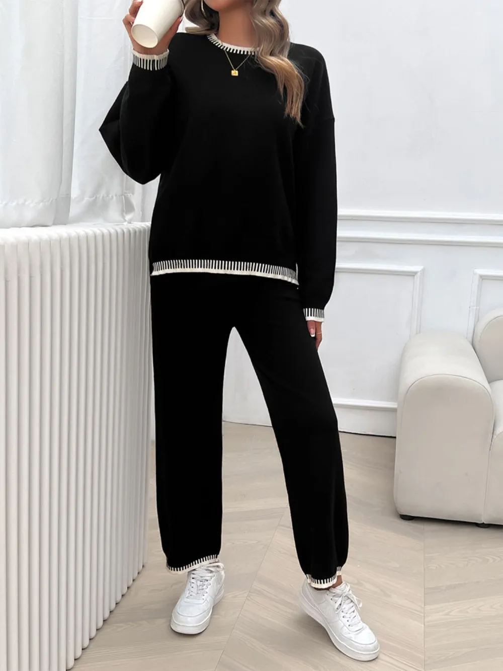 Round Neck Dropped Shoulder Top and Pants Sweater Set, image 25