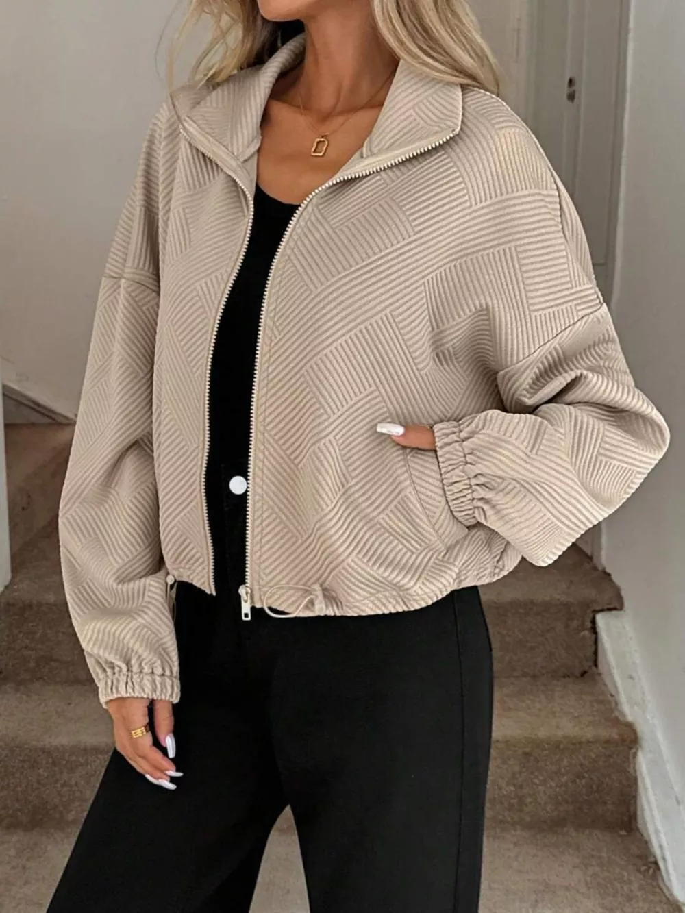 Textured Zip-Up Drawstring Hem Jacket, image 3