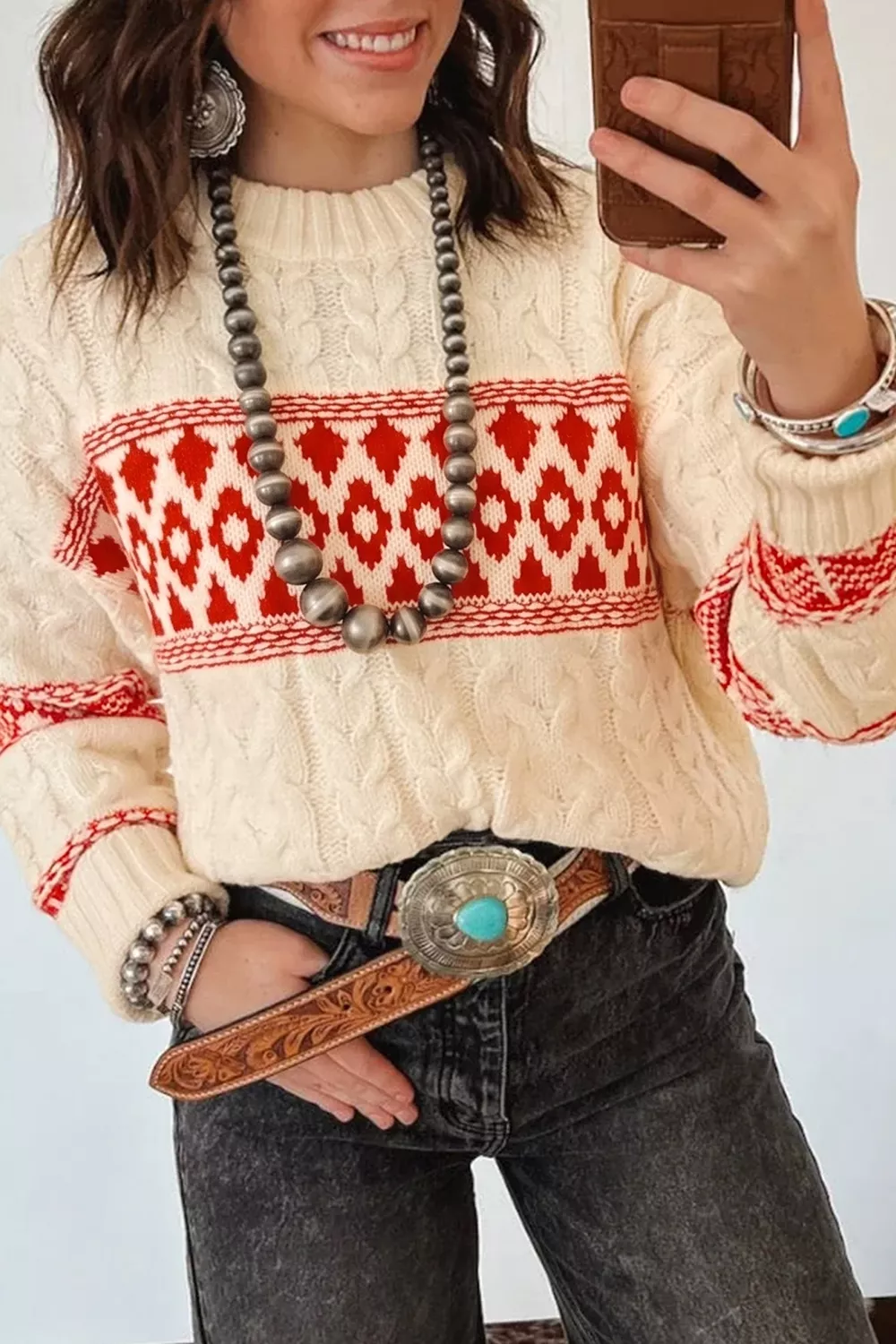 Western Print Round Neck Long Sleeve Shift Sweater